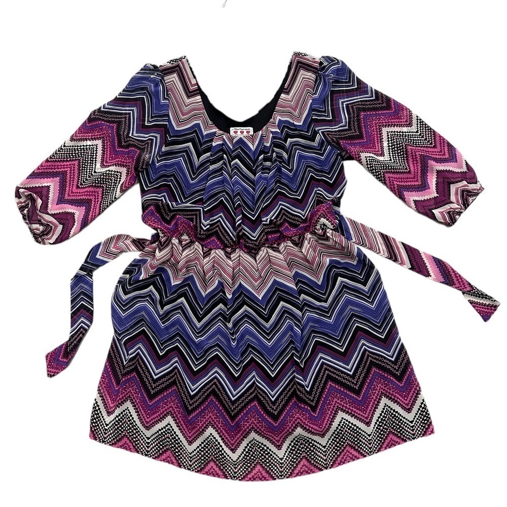 Chevron Print Spring Summer Dress Pink Purple Quarter Sleeve Midi Womens Juniors